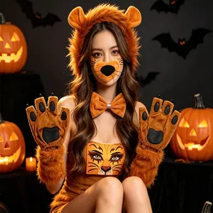 Plush lion ear headband and paw gloves costume set for Halloween party cosplay accessories