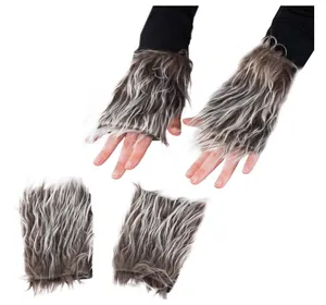 Furry faux fur fingerless gloves detail showing brown and grey mixed long hair texture