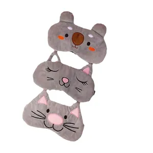 Set of three cute cartoon animal plush sleep masks for travel, soft gray fluffy fabric