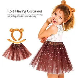 Lion costume set with ears headband, plush tail and brown tutu for girls' roleplay.