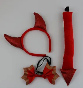 Red sequin devil horn headband, bowtie, and plush tail set for Halloween cosplay accessory.