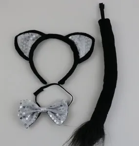 Detail view of 3-piece sequined cat ear headband bow tie and tail set for Halloween