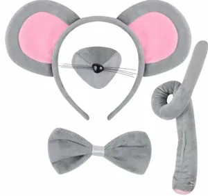 Professional 4-piece gray mouse costume set including ears headband, tail, nose and bow tie