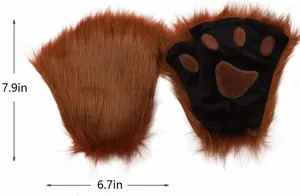 Detailed macro view of brown furry animal paw gloves with 7.9in by 6.7in dimensions