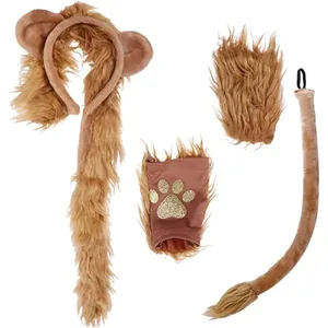 Detailed view of a 4-piece lion costume set including ears headband, tail, and paw glove.