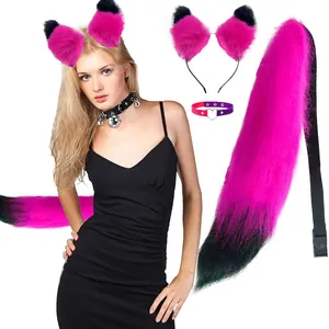 Close-up of pink and black faux fur cat ears and fox tail set for Halloween party