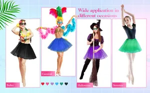 Multi-color tutu skirts shown in various occasion scenarios like Ballet and Halloween.