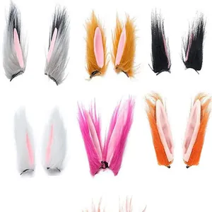 Close-up view of various colorful faux fur cat and fox ear hair clips for cosplay parties