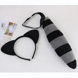 Soft plush striped raccoon ear headband and long tail set for animal costume party