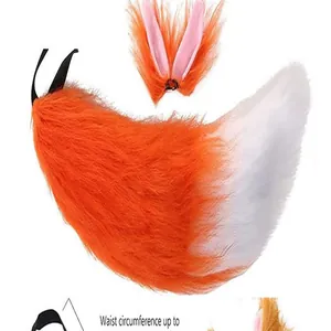 Detail view of orange faux fur fox tail and ears set for Halloween anime cosplay costume