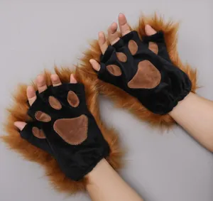 Close-up detail of plush lion paw fingerless gloves featuring soft brown faux fur trim and pads