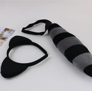 Cosplay set featuring plush black animal ears headband and grey striped tail