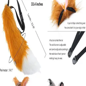 Detail view of faux fur fox tail and ears set with adjustable waist belt clips