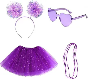 Detailed view of 4pc purple party set with sparkly tutu skirt, heart glasses, and headband