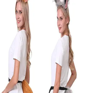 Side view showing faux fur fox and wolf tail sets with matching ears for cosplay costume.