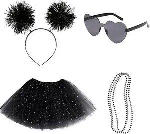 Detail view of black accessory set containing star pattern tutu heart glasses and pom-pom headband