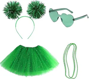 Green St. Patrick's Day party set with pom-pom headband, tutu, heart glasses and beads