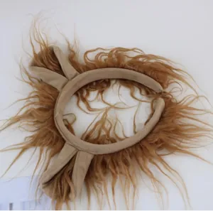 Close-up detailed view of a plush lion ear headband with soft brown faux fur for costumes.