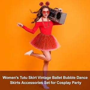 Model wearing red tutu skirt and matching hair accessories for cosplay party theme