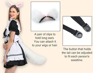 Detail view of white furry cosplay fox ears with clips and adjustable plush tail belt