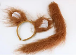 Brown furry lion costume set with ears headband and plush tail for Halloween animal cosplay