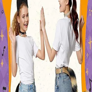 Models wearing Halloween cat ear headband and striped faux fur fox tail cosplay costume set