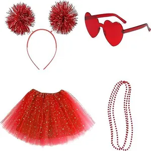 Comprehensive red party costume set including heart sunglasses, tutu, and pom-pom headband
