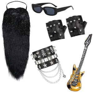 Rock star costume set including fake beard, sunglasses, studded gloves and inflatable guitar