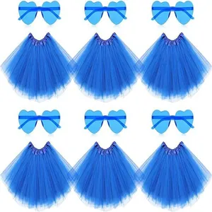 Set of 6 pairs of blue heart sunglasses and 6 matching blue tutu skirts for parties