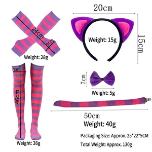 Purple and pink striped cat ear headband, tail, and socks set with dimensions shown.
