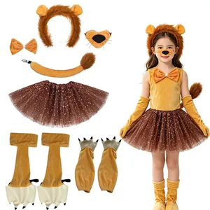 Kids lion costume set including ears headband, tail, tutu skirt, and plush paw gloves