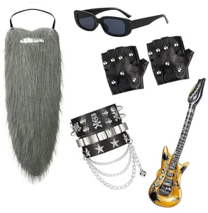 Rocker costume set with long grey beard, sunglasses, studded gloves and inflatable guitar