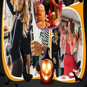 Adults wearing black faux fur fox tails and animal ears at a Halloween party scene.