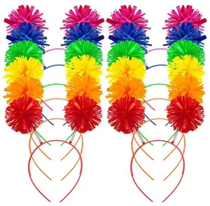 Bulk set of 24 colorful Hawaii party headbands with fluffy pom poms for festivities