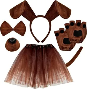 6-teiliges braunes Hunde-Kostümset mit Tutu, Ohren-Stirnband und Pfoten für Halloween.