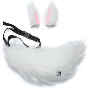 Close-up of soft white faux fur fox tail and ears set with adjustable belt.