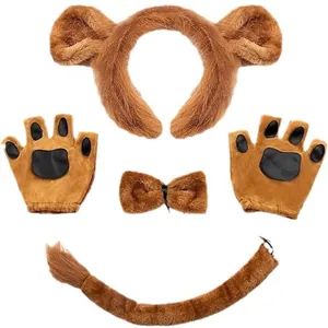 Löwenkostüm-Set mit Pelzohren, Pfotenhandschuhen, Fliege und Schwanz für Halloween.