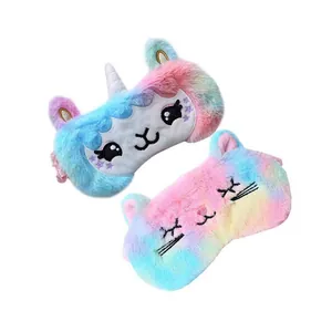 Colorful plush cartoon sleep eye masks with unicorn and cat designs for students and office