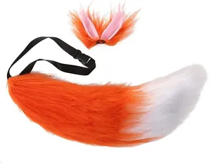 Detailed view of fluffy faux fur orange fox tail and ears set for Halloween cosplay costume.
