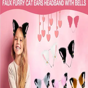 Collection of various faux furry cat ear headbands with bells for cosplay costumes.
