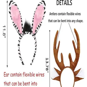 Detail view of flexible zebra ears and brown antlers headbands for cosplay costumes