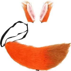 Detail of the orange faux fur fox tail and clip-on ears for anime cosplay costume set