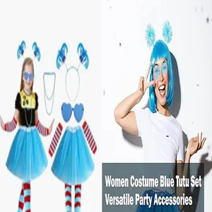 Detailed view of a complete 1980s party costume set with blue tutu and accessories.