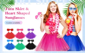 Models showcasing colorful tutu skirts and heart-shaped sunglasses for party wear