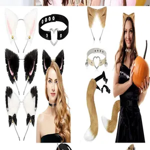 Detailed view of Halloween cosplay set with faux fur animal ears, tails, and chokers.