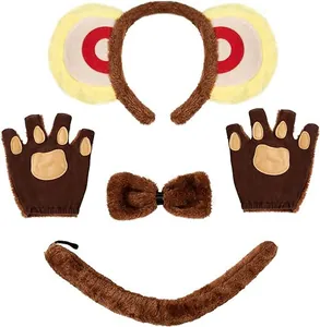Vier-teiliges Plüsch-Löwenkostüm-Set mit Ohren-Stirnband, Pfotenhandschuhen und Schwanz.