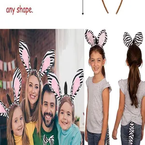 Detailed view of kids zebra ears headband and tail set shown from front and back