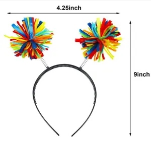 Dimensions of colorful Hawaiian party headband with spring pom-poms, 4.25x9 inches