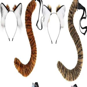 Detailed view of faux fur tiger ear headbands and matching plush striped tails for cosplay