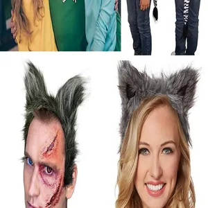 Detail of gray furry animal ears headband and costume accessories for Halloween